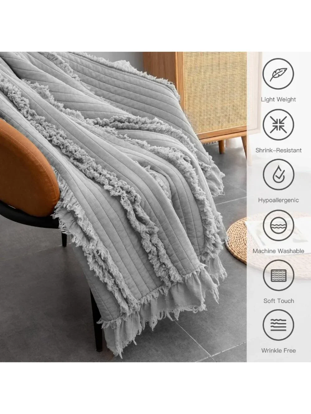 Ultra Soft Boho Grey King Size Blanket, Ruffle Fringed Throw, Chic Rustic Decor